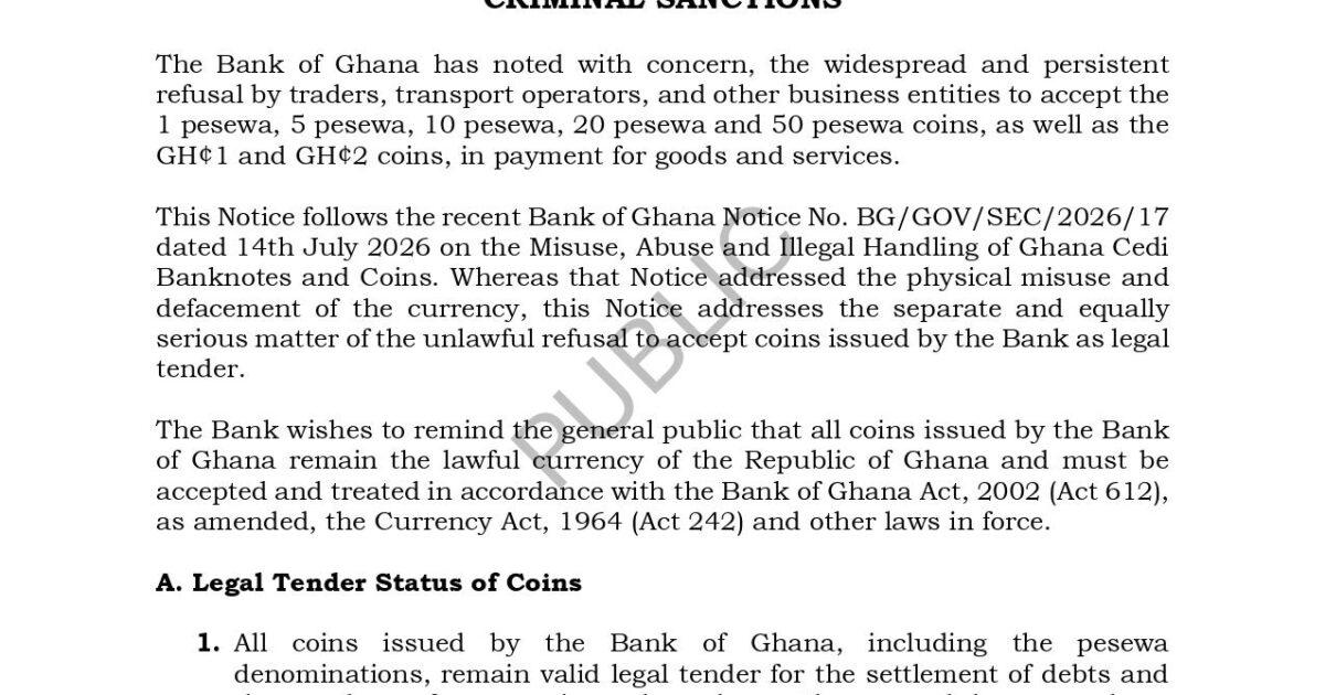 BoG warns of arrest, imprisonment and fines for rejecting cedi and pesewa coins